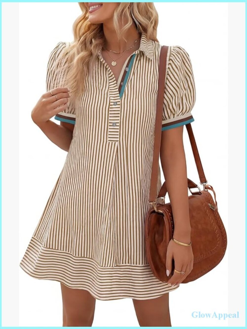 Striped Puff Short Sleeve Button Collared Shirt Dress with Pockets